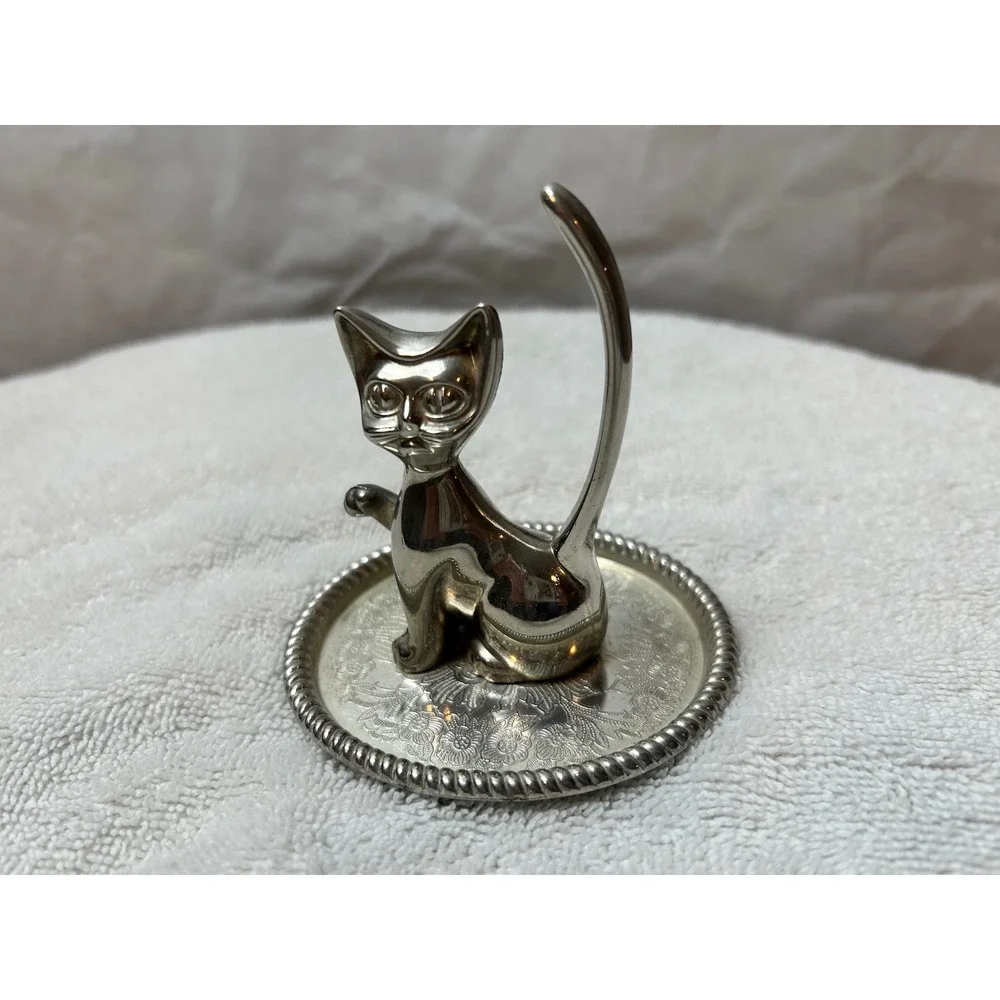 Cat Ring Holder Silver Trinket Dish Jewelry Tray Kitty Kitten Decor